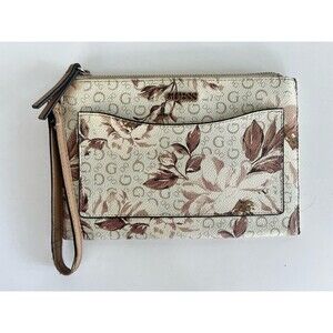 Guess Large Floral Wristlet Clutch Wallet White Tan Floral